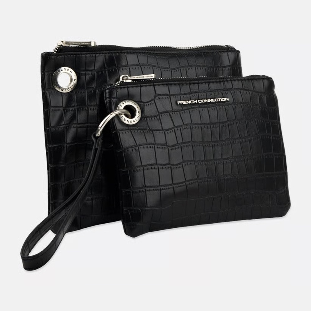 French Connection Black Crocodile Embossed Wristlet‎ Clutch